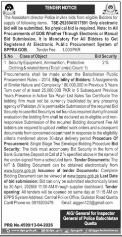  Ammunition, Protective Clothing & related items - AIG/ General for Inspector General of Police Balochistan Quetta